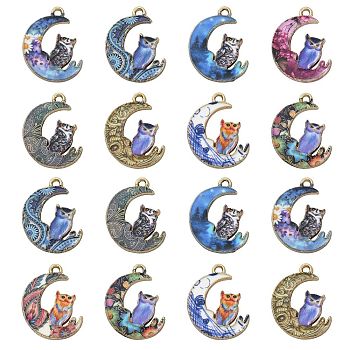 27Pcs 9 Styles Alloy Printed Pendants, Cadmium Free & Nickel Free & Lead Free, Moon with Owl, Mixed Color, 20.5x16x1.5mm, Hole: 1.5mm, 3pcs/style