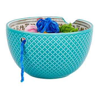 Round Handmade Porcelain Yarn Bowl Holder, Knitting Wool Storage Basket with Holes to Prevent Slipping, Turquoise, 15.5x9.6cm