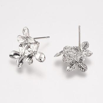 Rack Plating Brass Stud Earring Findings, with Loop, Flower, Silver Color Plated, 15x14x3mm, Hole: 2mm, pin: 0.5mm