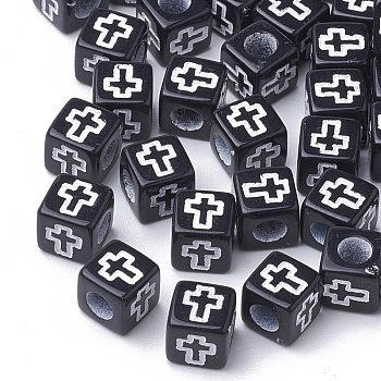 Craft Style Acrylic Beads, Cube with Cross, Black, 6x6x6mm, Hole: 3mm, about 3000pcs/500g