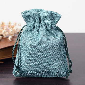 Polyester Imitation Burlap Packing Pouches Drawstring Bags, Medium Sea Green, 12x9cm