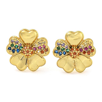 Rack Plating Brass Micro Pave Clear Cubic Zirconia Flower Stud Earrings, Cadmium Free & Lead Free, Long-lasting Plated, Colorful, 12mm, Pin: 0.8mm