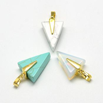 Natural & Synthetic Mixed Stone Pendants, with Brass Findings, Triangle, Golden, 27x17x10mm, Hole: 5x7mm