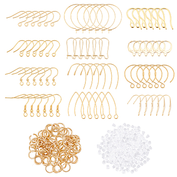 DIY Earring Making Kits, Including 60Pcs 10 Style 304 Stainless Steel Earring Hooks, 12Pcs 2 Style 316 Surgical Stainless Steel Earring Hooks, 200Pcs Plastic Ear Nuts, 80Pcs 304 Stainless Steel Open Jump Rings, Golden, Earring Hooks: 15~26x11.5~26x0.7~4mm, Hole: 1.2~2.5mm, 6pcs/style
