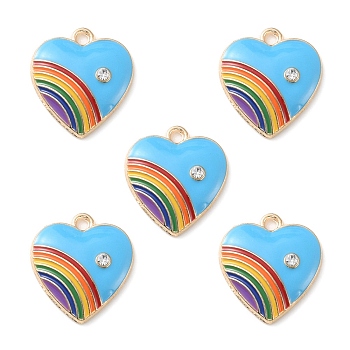 Alloy Enamel Pendant, with Rhinestone, Heart with Rainbow Charm, Deep Sky Blue, 20x18x3.5mm, Hole: 2mm