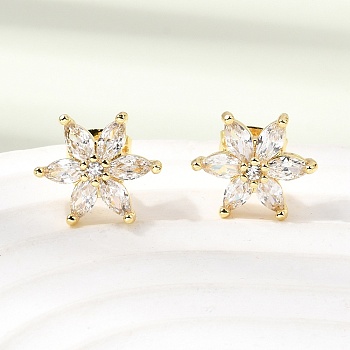 Flower Brass Micro Pave Clear Cubic Zirconia Stud Earrings, Rack Plating, Long-Lasting Plated, Cadmium Free & Lead Free, Real 18K Gold Plated, 11.5x12.5mm