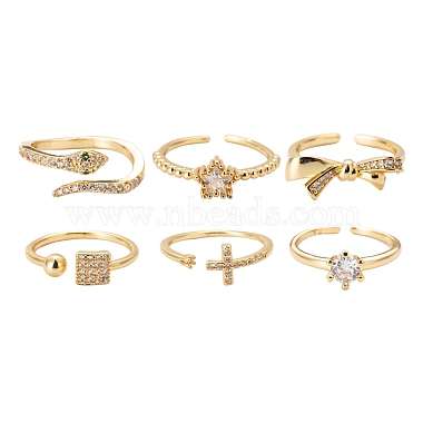 6Pcs 6 Style Adjustable Brass Micro Pave Clear Cubic Zirconia Cuff Rings(RJEW-LS0001-09G)-2