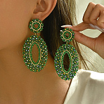 201 Stainless Steel Bohemian Oval Vintage Long Stud Earrings, Golden, Green, 92x45mm(HB4853-3)