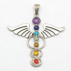Vintage Chakra Jewelry Zinc Alloy Bezel Gemstone Big Pendants, Caduceus Symbol for Medicine, Antique Silver, Mixed Stone, 57x58x6mm, Hole: 7x4mm(X-G-M039-01)