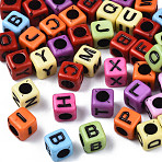 Craft Style Acrylic Beads, Cube, Mixed Color, Random Mixed Letters, 6x6x6mm, Hole: 3mm, about 2995pcs/500g(MACR-S272-87)