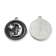Alloy Enamel Pendants, Platinum, Flat Round with Moon Charm, Black, 19x16x2.5mm, Hole: 1.2mm(FIND-C032-08B-02P)