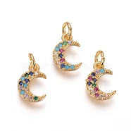 Brass Charms, with Micro Pave Cubic Zirconia and Jump Rings, Moon, Colorful, Golden, 11x8x2mm, Hole: 3mm(KK-I656-23G)