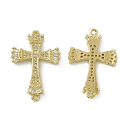 Rack Plating Brass Pave Clear Cubic Zirconia Connector Charms, Religion Cross Links, Brass Jewelry for Women, Cadmium Free & Lead Free, Long-Lasting Plated, Real 18K Gold Plated, 29x19x2.5mm, Hole: 1.2mm(ZIRC-F130-11G)