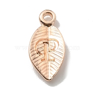 Alloy Pendants, Leaf with Letter Charm, Rose Gold, Letter.P, 15.5x7.5x2.5mm, Hole: 1.5mm(FIND-TAC0011-69P-RG)