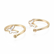 Brass Peg Bails Cuff Finger Ring Settings, Natural Freshwater Shell, for Half Drilled Bead, Nickel Free, Butterfly, Real 18K Gold Plated, US Size 7 1/4(17.5mm), Pin: 0.7mm(X-KK-T056-119G-NF)