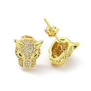 Wolf Brass Micro Pave Clear & Green Cubic Zirconia Stud Earrings for Women, Real 18K Gold Plated, 11x11mm(EJEW-G387-02G)