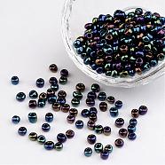 6/0 Electroplated Iris Round Glass Seed Beads, Prussian Blue, 4mm, Hole: 1mm, about 495pcs/50g(X-SEED-A009-4mm-604)