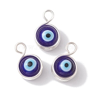 Copper Wire Warpped Handmade Lampwork Pendants, Evil Eye Charms, Silver, 17.5x11x9.5mm, Hole: 3mm(PALLOY-JF02671-02)