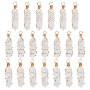 20Pcs Natural Quartz Crystal Pendants, Rock Crystal Pendants, Light Gold Plated Copper Wire Wrapped Double Terminated Point Bullet Charms, Faceted, 41x9x9mm, Hole: 3.8mm(PALLOY-AB00128)