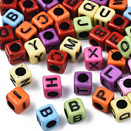 Craft Style Acrylic Beads, Cube, Mixed Color, Random Mixed Letters, 6x6x6mm, Hole: 3mm, about 2995pcs/500g(MACR-S272-87)