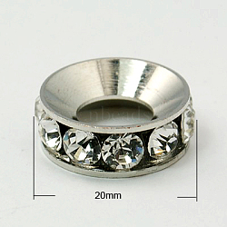 Brass Rhinestone Beads, Rondelle, Grade A, Platinum Metal Color, Crystal, 20x7mm, Hole: 12mm(RB-A20-20mm-A01P)