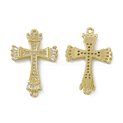 Rack Plating Brass Pave Clear Cubic Zirconia Connector Charms, Religion Cross Links, Brass Jewelry for Women, Cadmium Free & Lead Free, Long-Lasting Plated, Real 18K Gold Plated, 29x19x2.5mm, Hole: 1.2mm(ZIRC-F130-11G)