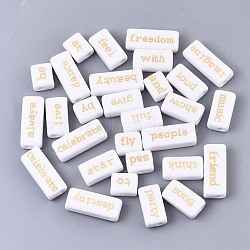 Opaque Acrylic Beads, with Enamel, Rectangle with Gold Inspirational Words, White, 12~24x9~10x6mm, Hole: 3mm, about 420pc/500g(MACR-N008-22)