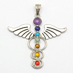 Vintage Chakra Jewelry Zinc Alloy Bezel Gemstone Big Pendants, Caduceus Symbol for Medicine, Antique Silver, Mixed Stone, 57x58x6mm, Hole: 7x4mm(X-G-M039-01)