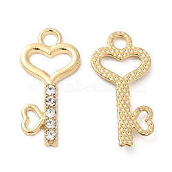 Alloy Pendants, with Crystal Rhinestone, Heart Skeleton Key Charm, Lead Free & Cadmium Free, Light Gold, 23.5x11.5x2mm, Hole: 2.5mm(ALRI-L051-07KCG)