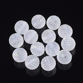 Transparent Acrylic Corrugated Beads, AB Color Plated, Frosted, Round, WhiteSmoke, 9.5mm, Hole: 1.5mm