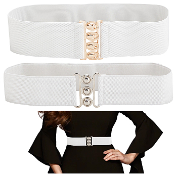 WADORN 2Pcs 2 Styles Polyester Elastic Corset Belts, Waist Belt with Zinc Alloy Clasps for Women Girls, White, 25-1/4~25-5/8 inch(64~65cm), 1Pc/style