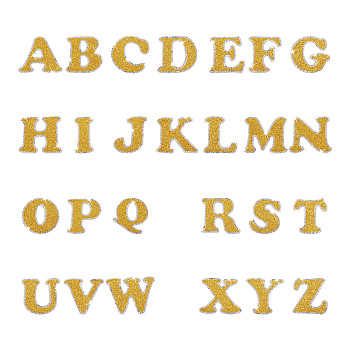26 Letters Cloth Iron/Sew on Patches, with Crystal Rhinestone & Glitter Powder, Costume Accessories, Alphabet, Gold, 46~50x25~65x1.5mm, 26pcs/set