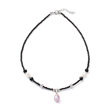 Natural Pearl Pendant Necklace with Glass Beaded Chains, Black, 16.61 inch(42.2cm)