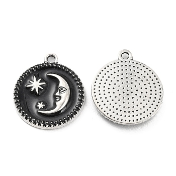 Alloy Enamel Pendants, Platinum, Flat Round with Moon Charm, Black, 19x16x2.5mm, Hole: 1.2mm