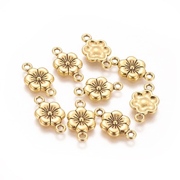 Tibetan Style Links connectors, Plum Blossom, Antique Golden, Lead Free and Cadmium Free, 18x10mm, Hole: 2mm