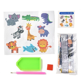 DIY Animal Theme Diamond Painting Stickers Kits For Kids, with Diamond Painting Stickers, Rhinestones, Diamond Sticky Pen, Tray Plate and Glue Clay, Mixed Color, 18.6x15.7x0.03cm