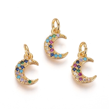 Brass Charms, with Micro Pave Cubic Zirconia and Jump Rings, Moon, Colorful, Golden, 11x8x2mm, Hole: 3mm