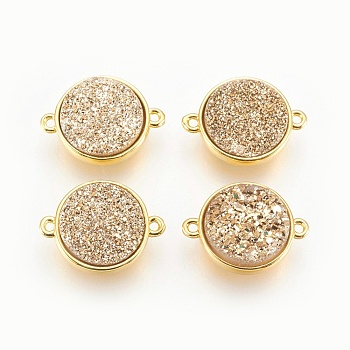 Brass Links connectors, with Druzy Resin, Flat Round, Golden, Goldenrod, 18~19x13.5~14x4.5~5mm, Hole: 1.2mm