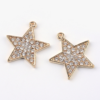 Alloy Rhinestone Pendants, Star, Light Gold, 26x24x2.5mm, Hole: 2mm