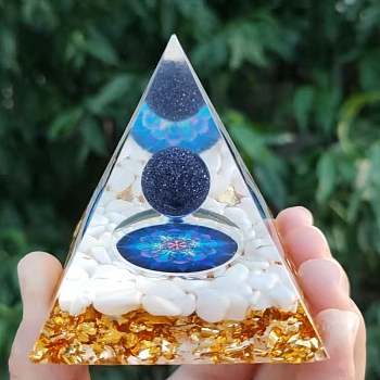 Orgonite Pyramid Resin Energy Generators, Reiki Synthetic Blue Goldstone & Natural Howlite Chips Inside for Home Office Desk Decoration, 60mm