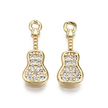 Brass Micro Pave Clear Cubic Zirconia Pendants, Nickel Free, Guitar, Real 18K Gold Plated, 15x5.5x2mm, Hole: 1.2mm