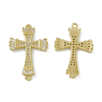 Rack Plating Brass Pave Clear Cubic Zirconia Connector Charms, Religion Cross Links, Brass Jewelry for Women, Cadmium Free & Lead Free, Long-Lasting Plated, Real 18K Gold Plated, 29x19x2.5mm, Hole: 1.2mm