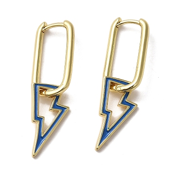 Lightning Bolt Real 18K Gold Plated Brass Dangle Hoop Earrings, with Enamel, Blue, 37.5x11.5mm