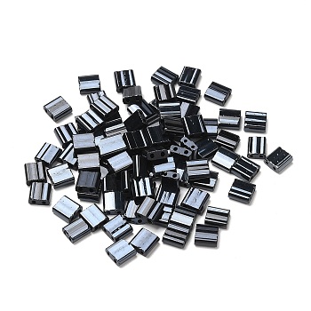 2-Hole Opaque Glass Seed Beads, Rectangle, Black, 5x4.5~5.5x2~2.5mm, Hole: 0.5~0.8mm