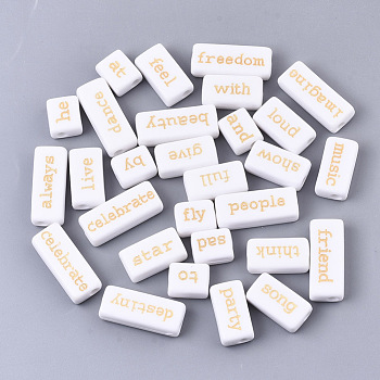 Opaque Acrylic Beads, with Enamel, Rectangle with Gold Inspirational Words, White, 12~24x9~10x6mm, Hole: 3mm, about 420pc/500g