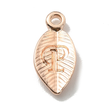 Alloy Pendants, Leaf with Letter Charm, Rose Gold, Letter.P, 15.5x7.5x2.5mm, Hole: 1.5mm