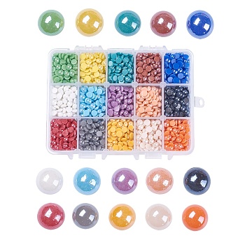 15 Colors Pearlized Plated Handmade Porcelain Cabochons, Half Round/Dome, Mixed Color, 5.5x3mm, about 215~220pcs/compartment, 3225~3300pcs/box