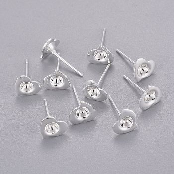 304 Stainless Steel Stud Earring Settings, Heart, Silver, Heart: 7x7.5mm, Pin: 0.7mm, Tray: 3mm