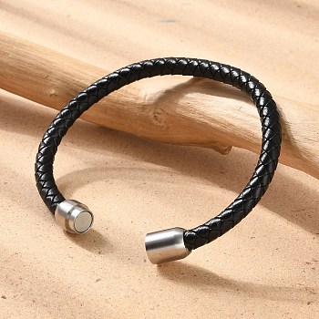 Man's Braided Leather Cord Bracelets, with 304 Stainless Steel Magnetic Clasps, Black, 8-1/4 inch(21cm), 6mm