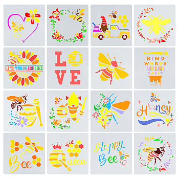 PET Hollow Out Drawing Painting Stencils Templates, Squaree with Bee & Word & Flower Pattern, Mixed Patterns, 150x150x0.2mm, 16pcs/set